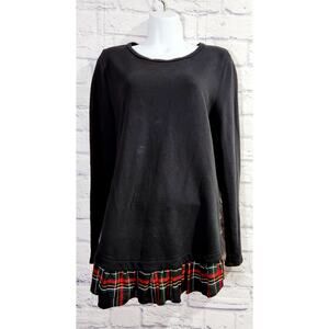 Loft Black Red Plaid Ruffled Hem Top M Faux Button Side Details Round Neck